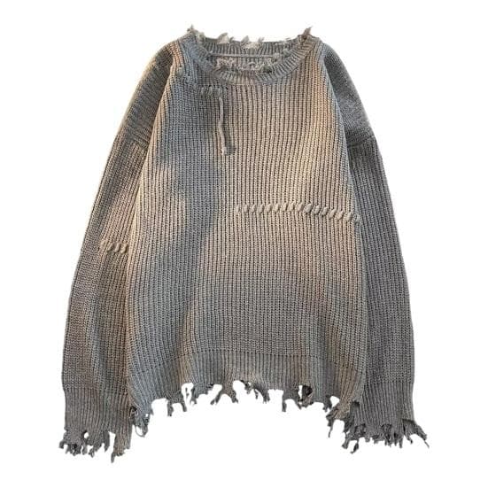 Men Fall Winter Sweater Ripped Tassel Solid Color Fringe Round Neck Knitted Mid Length Loose Long Sleeve Soft Warm Pullover Men Sweater 2XL grey
