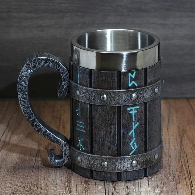New Viking Rune Beer Mug 304 Stainless Steel Tankard Resin Imitation Wooden Texture Nordic Decor Stein Coffee Cup Men Gift 600ml