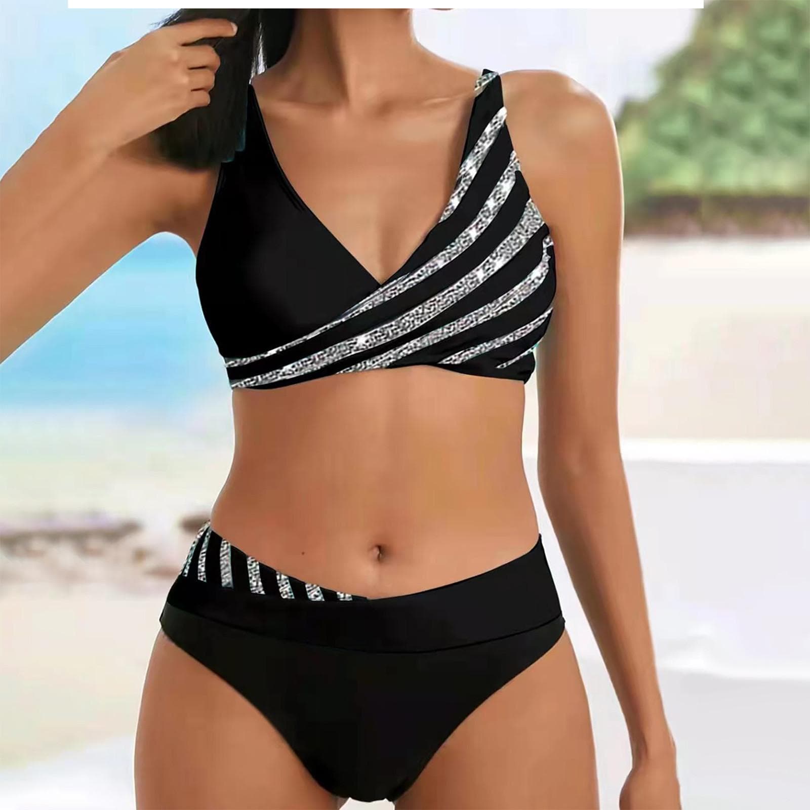 Women's Split Bikini With Hot-Stamped Bikini Sexy With Bra Pads And No Steel Bra Swimming Costume XL black