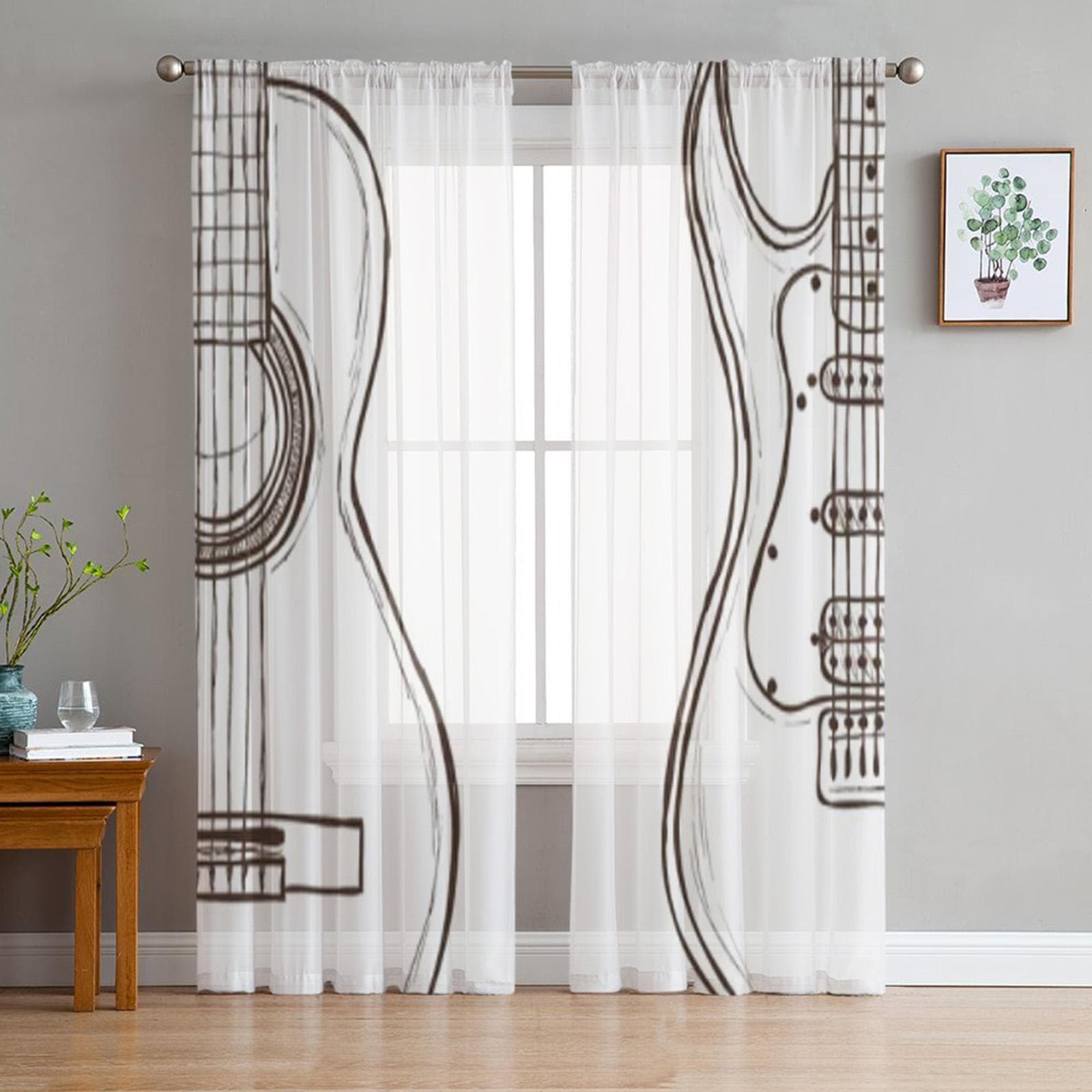 Music Notes Black White Sheer Curtain For Living Room Bedroom Voile Curtains For Window Organza Curtains Party Tulle Drapes 135W x 114H(cm)
