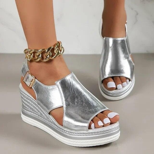 Woman Fashion Thick Sole Sandals Roman Shoes Peep Toe Wedge Sandals Women Summer Back Strap Buckle Platform Sandals 37 silver
