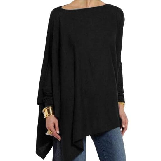 O-Neck Long Sleeves Solid Color T-shirt Women Casual Irregular Hem Mid-length Pullover 2XL black