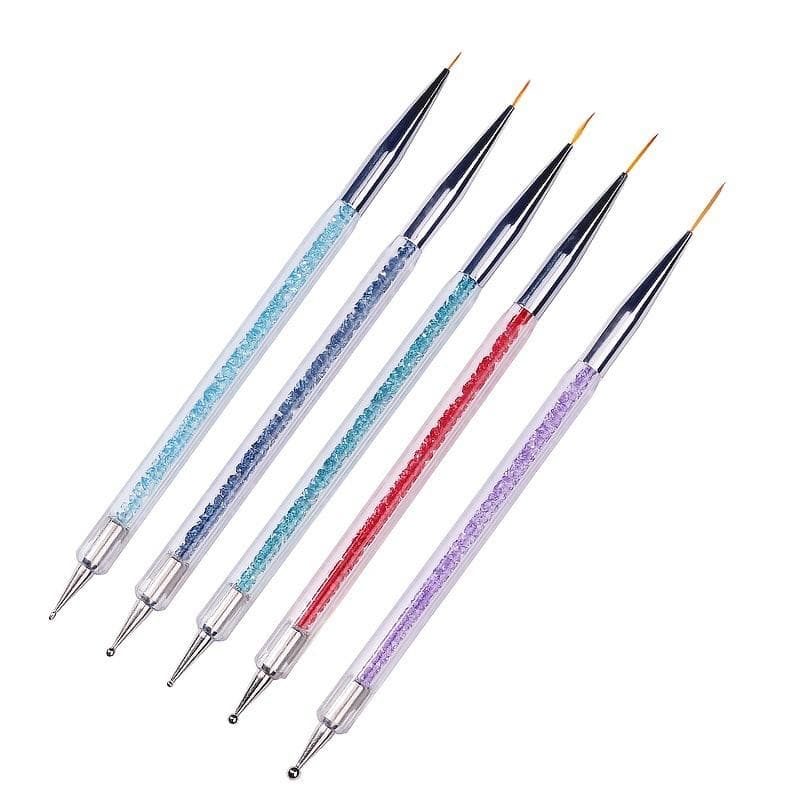 5pcs/Set 2 In 1 Dual-Ended Nail Art Liner Brushes With Crystal Handle Professional UV Gel Dotting Painting Drawing Pen DIY Tools