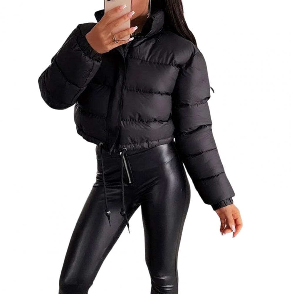 Women's Cotton-Padded Coat Lightweight Solid Color Warm Jacket with Drawstring Hem Stand Collar Zipper Short Padded Coat for Aut S black