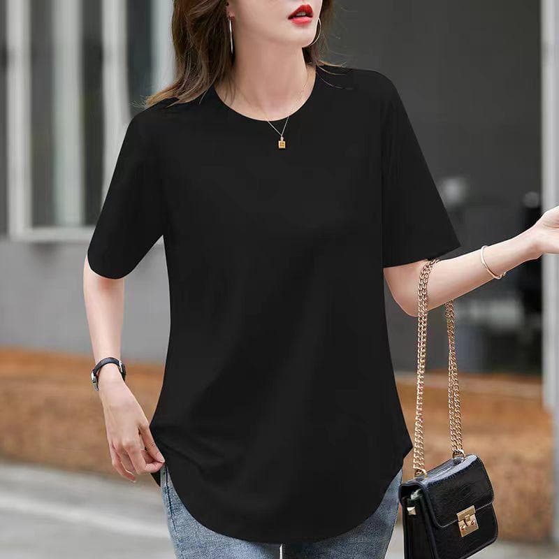 Round Neck White Short-sleeved T-shirt for Women In Summer Mid-length Style Covering The Butt Curved Hem Loose Slimming Top XXL