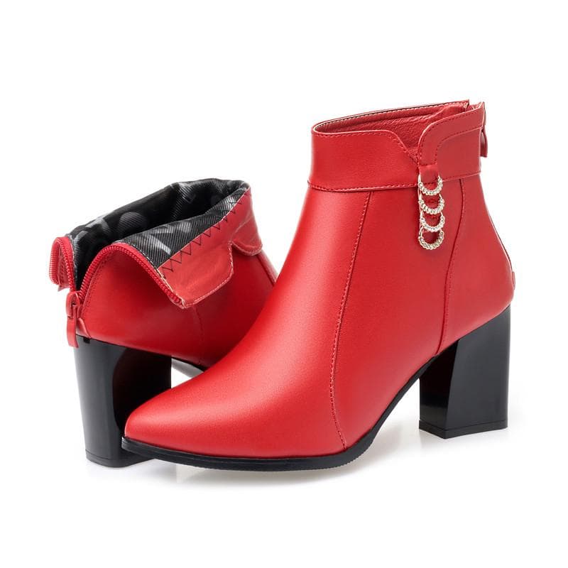 Women's Ankle Boots Genuine Leather Women's Fashion Boots Red Pointed Rhinestone Winter Boot 34 red