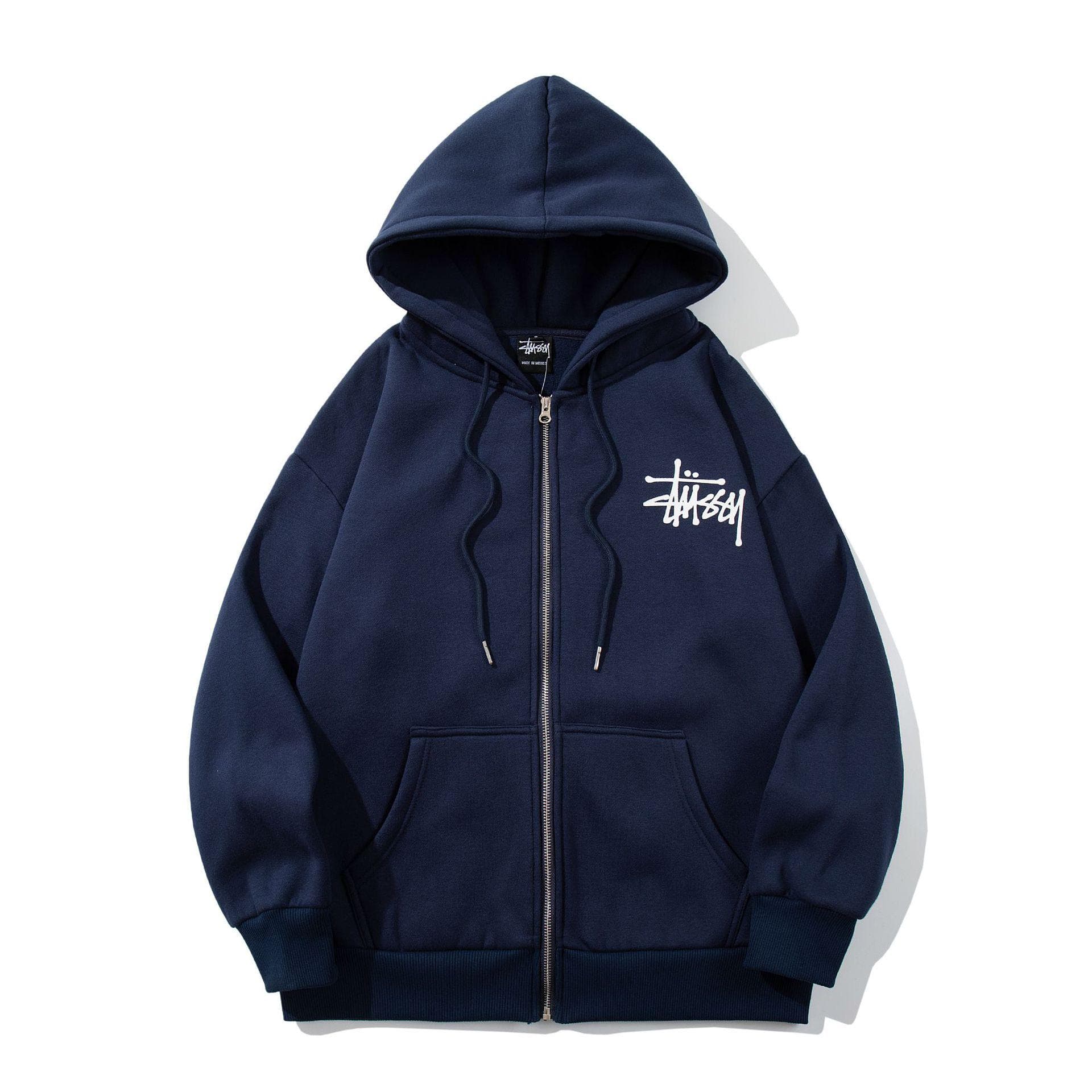 STU Plus Velvet Unisex Hooded Zip-Up Jacket - Warm, Trendy Autumn/Winter Outerwear for Students. XXL navy blue