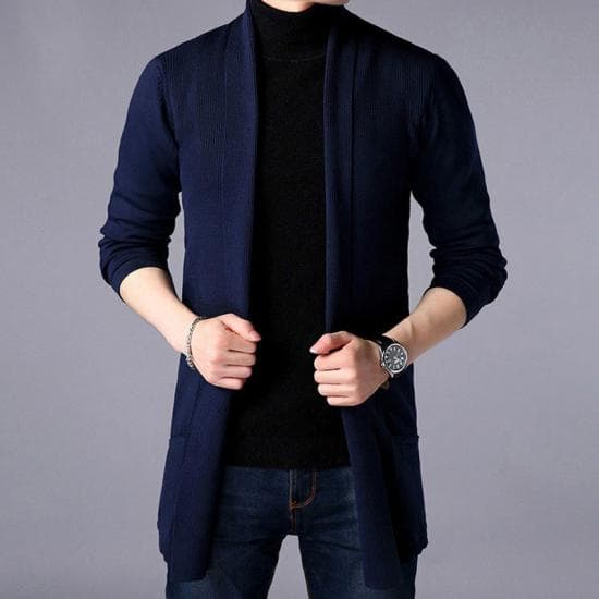 2024 Sweater Coats Men Fashion Autumn Men's Slim Long Solid Color Knitted Jackets Fashion Male Casual Sweaters Cardigan Outwear L navy blue
