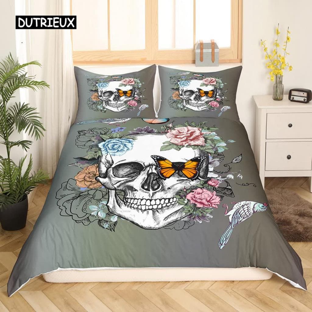Gothic Sugar Skull Bone Bedding Set Skeleton Hand Comforter Cover Rose Leaves Romantic Flowers Duvet Cover Polyester Quilt Cover EU single(135x200cm)