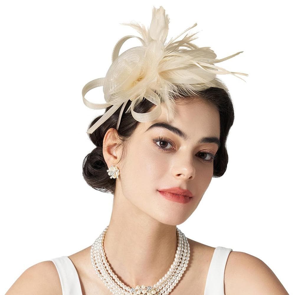 British Cocktail Tea Party Headband Mesh Flower Hair Hoop Fascinators Feather Headpiece for Women champagne