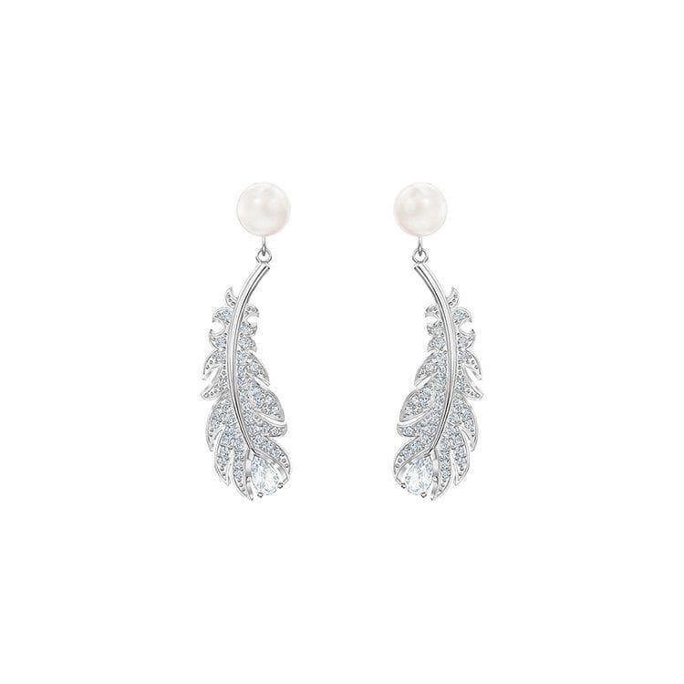 Swarovski Nice Pierced Rhodium Plated Earrings Pearl Feather Women earrings 5496052 Box (Random Color)