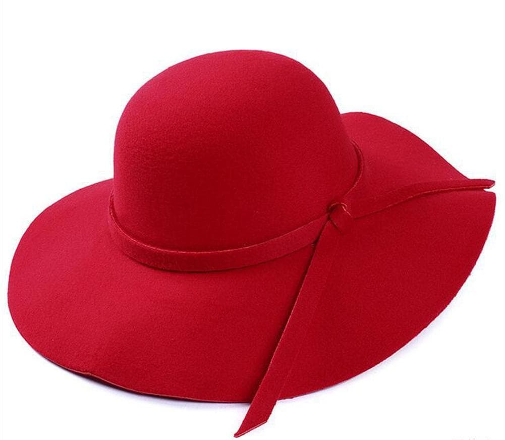 Women Wide Brimmed Dome Hat, Foldable Retro Floppy Fedora Hat, Casual Felt Bowler Sun Cap red