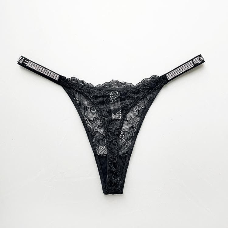 Women Briefs Sexy Panties Shiny rhinestone lace thin strap Underpant Ultra-thin hot sexy see-through women's thong M black