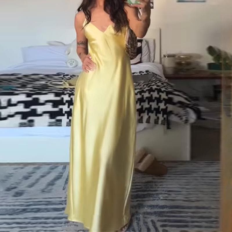 New Spring Fashion Elegant High-end French V-neck Suspender Dress for Women M yellow