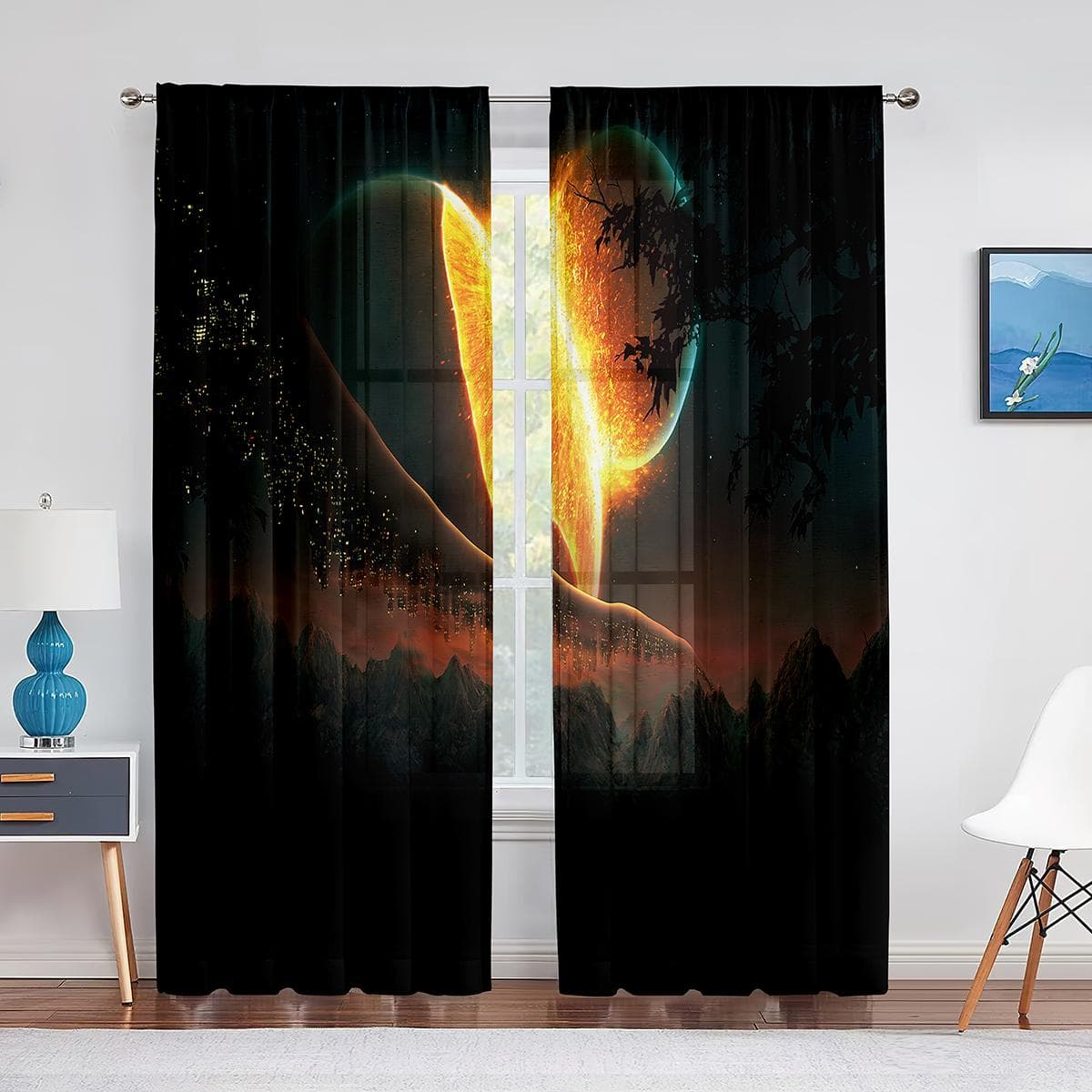 Space Planet Earth Mars Mercury Galaxy Tulle Curtains for Home Office Window Bedroom Kitchen Modern Chiffon Sheer Voile Curtain 1 PCS W100XH250cm&Grommet Top