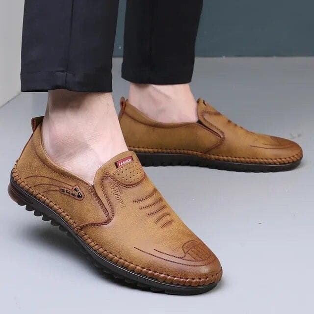 Men Casual Shoes Leather Shoes Luxury Loafers Men Non-slip Soft Soled Breathable Leather Shoe Slip on Driving Shoes 43 khaki