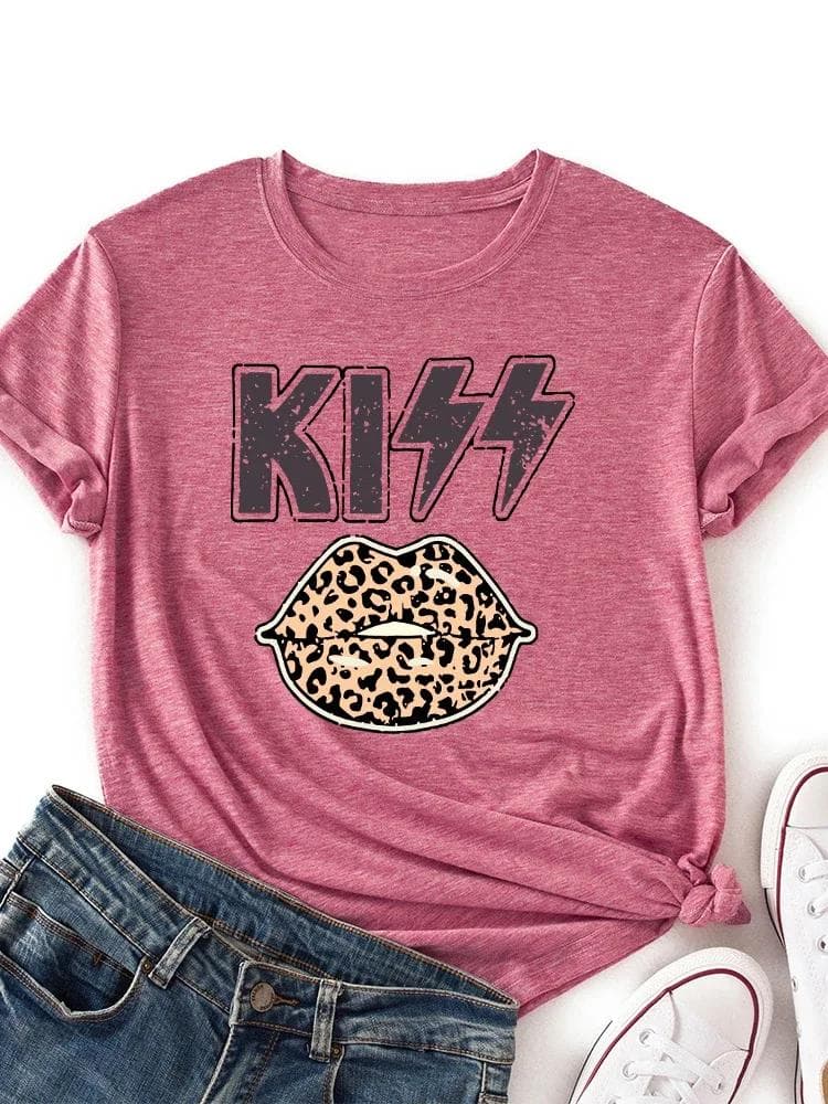 Kiss Leopard Lip Print T Shirt Women Short Sleeve O Neck Loose Tshirt Summer Women Tee Shirt Tops Clothes Camisetas Mujer M rose red