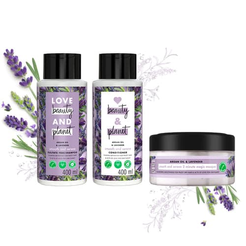 Love Beauty And Planet Natural Argan Oil and Lavender Anti-Frizz, Smoothening Combo - Shampoo, Conditioner & Mask Combo (400ml+400ml+200ml)