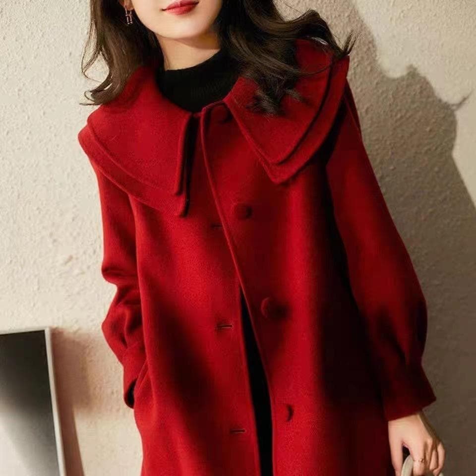Woolen Coat Women's New Korean Version Coat, Thin, Meat-covering and Age-reducing Doll Collar, Double Collar Medium and Long Coat M red