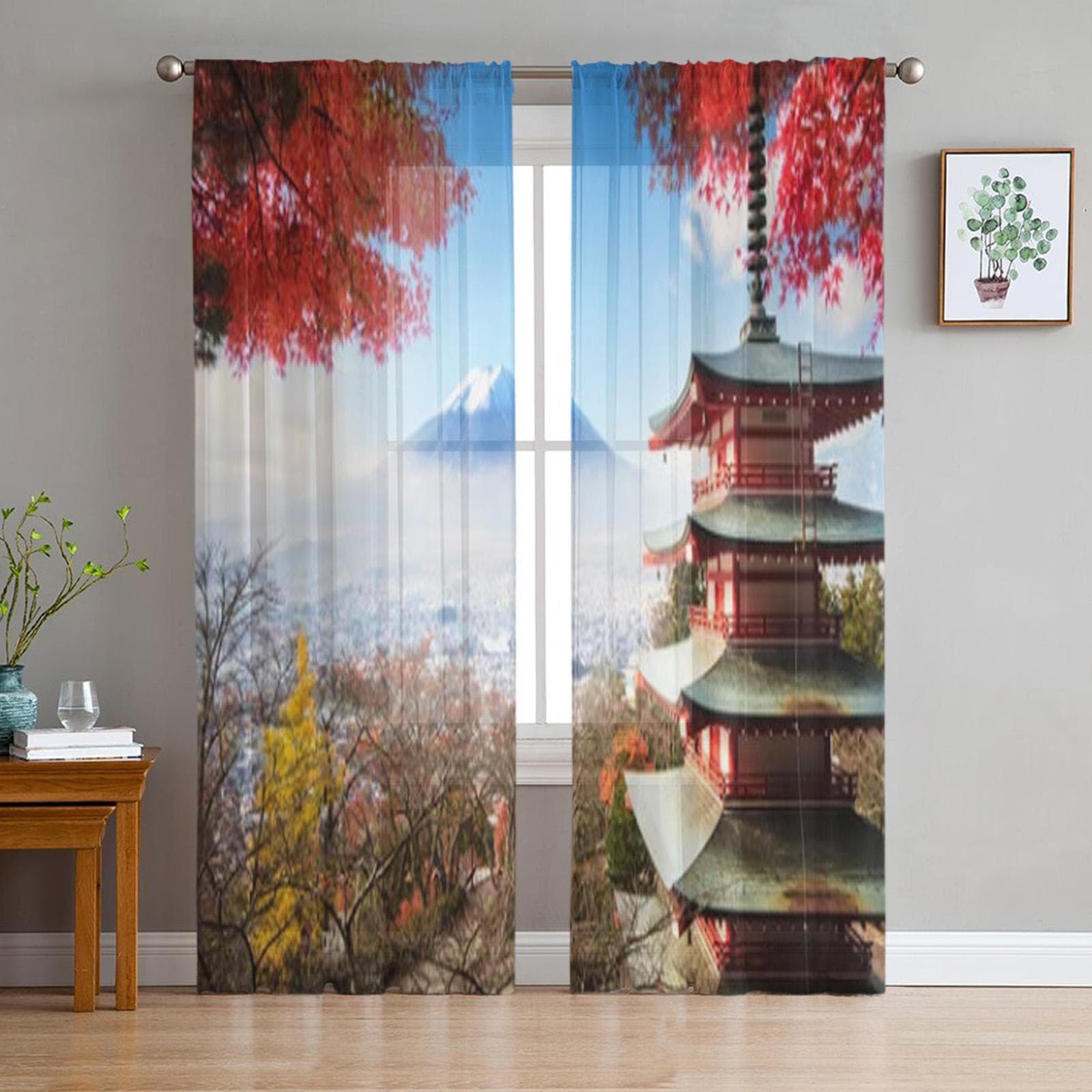 Japanese Sakura Blossom Japanese Cherry Tree Sheer Curtains for Living Room Tulle Window Curtain Bedroom Kitchen Veil Drapes 135W x 114H(cm)
