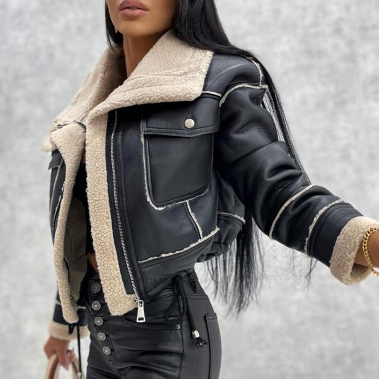 Artificial Leather Jacket Women's PU Short Thick Warm Black Coat Women Pilot Retro Lapel Velvet Coat Winter Women's Motorcycle Jacket S black