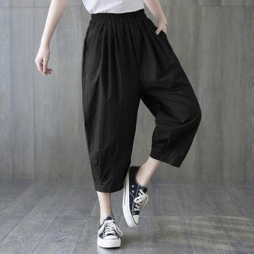 Women's Summer Loose Thin Cotton-Linen Harem Pants High-Waist Plus Size Slimming Mid-Pants Jodhpurs Casual M black