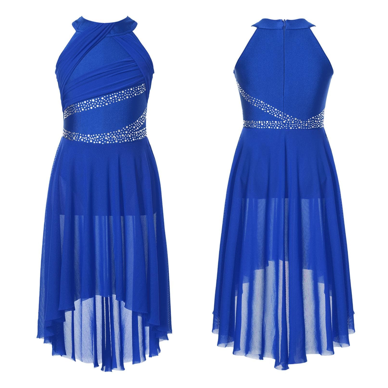 Kids Girls Sleeveless Shiny Rhinestone Lyrical Ballet Leotard Dress Contemporary Modern Latin Dance Costume 11-12 Years royal blue