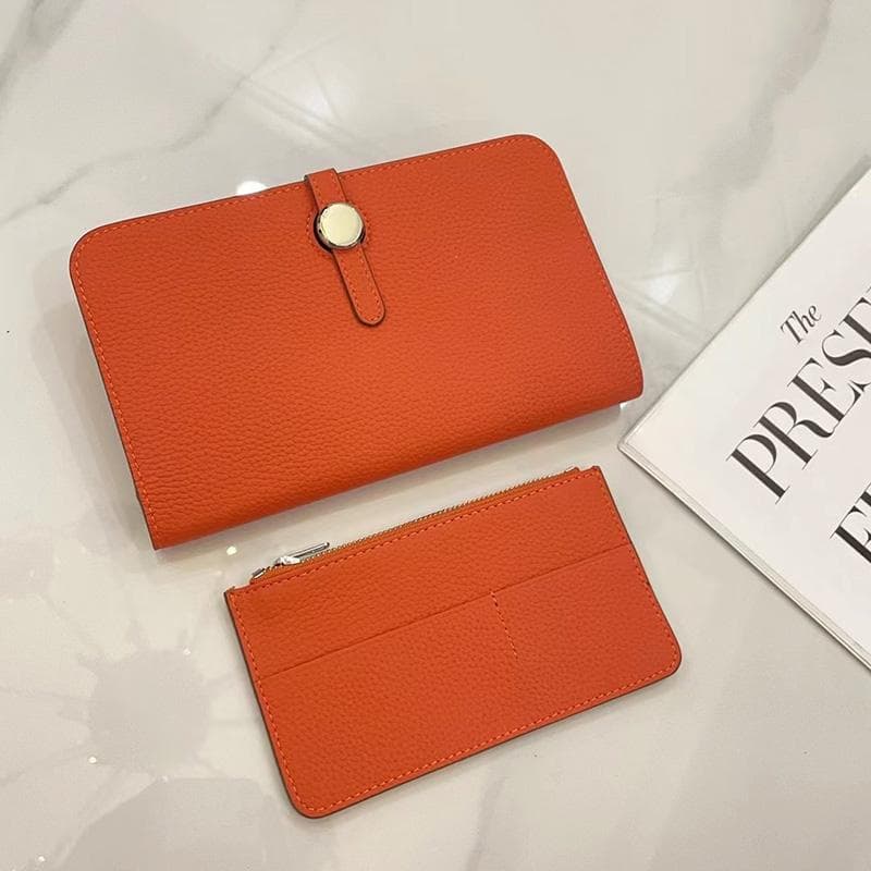 Luxury Genuine Leather Women Wallets Long Cowhide Purse High Capacity Gold-tone Hasp Clutch Bag Brand Design Ladies Billfold orange