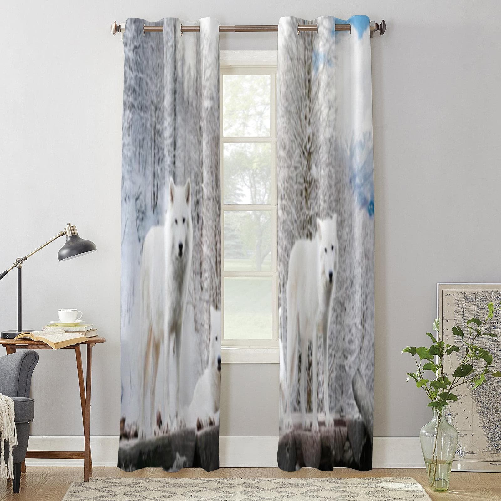 White Wolf In Winter Forest Window Curtain For Kids Room Home Blinds Curtains For Living Room Bedroom Window Drapes 135W x 60H(cm) x1