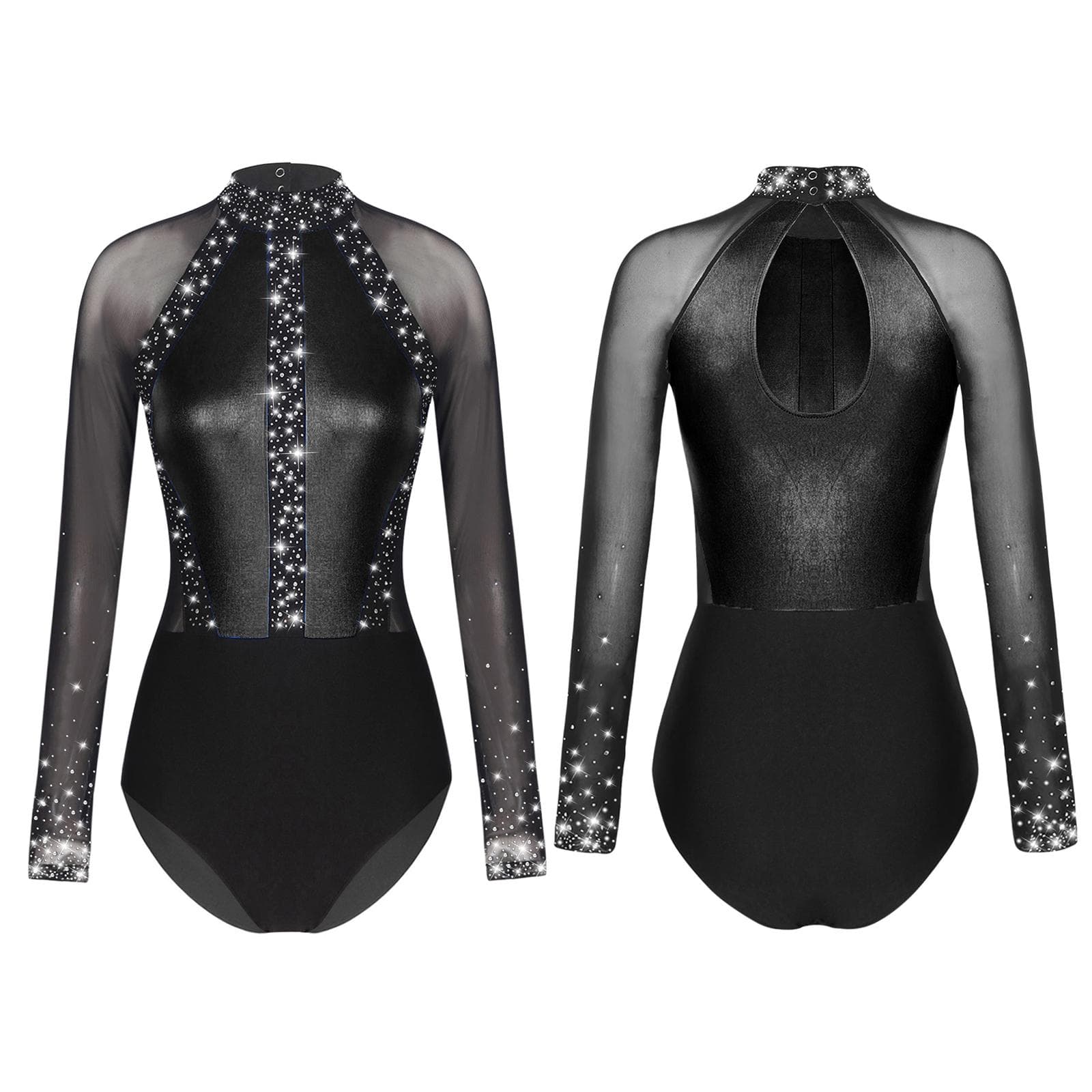 Women's Rhinestone Ballet Gymnastics Dance Leotard Bodysuit Long Sleeve Figure Skating Dance Costume S black