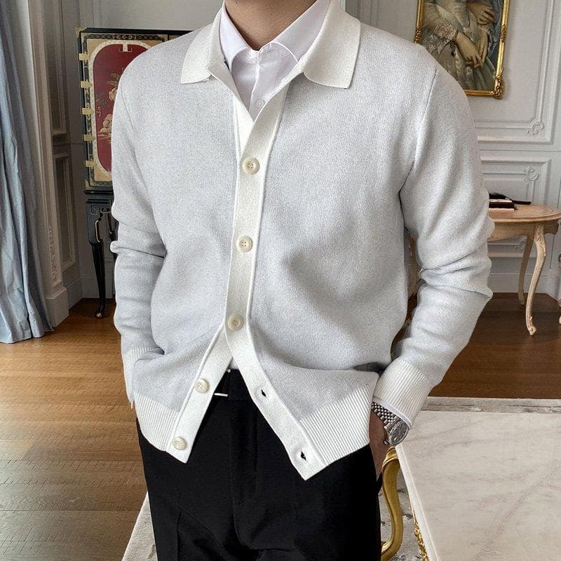 2024 Spring Autumn New Cotton Knitted Cardigan Slim Long Sleeve Button Korean Men's Fashion Lapel Sweater Simple Casual Coat L white