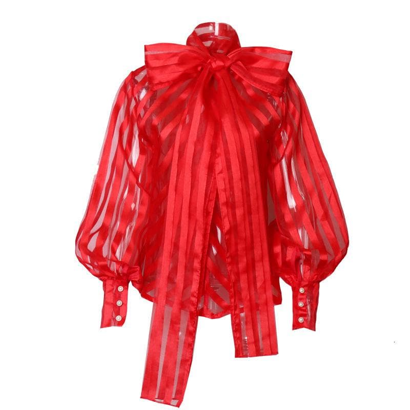 Stripe Shirts Women Long Sleeve Bow Collar  Elegant Shirt Fashion Clothing XL red