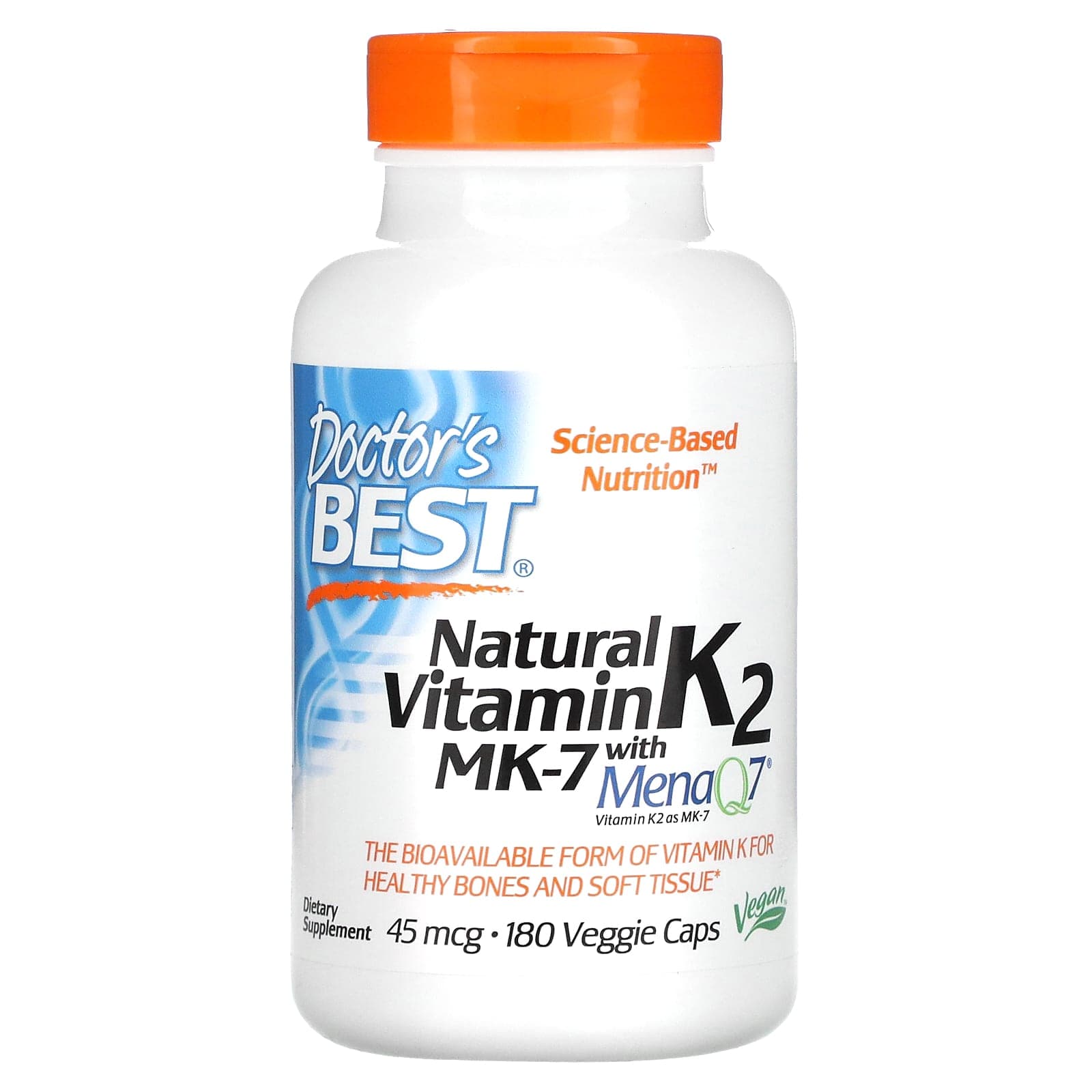 Doctor's Best, Natural Vitamin K2 MK-7 with MenaQ7, 45mcg, 180 Veggie Capsules
