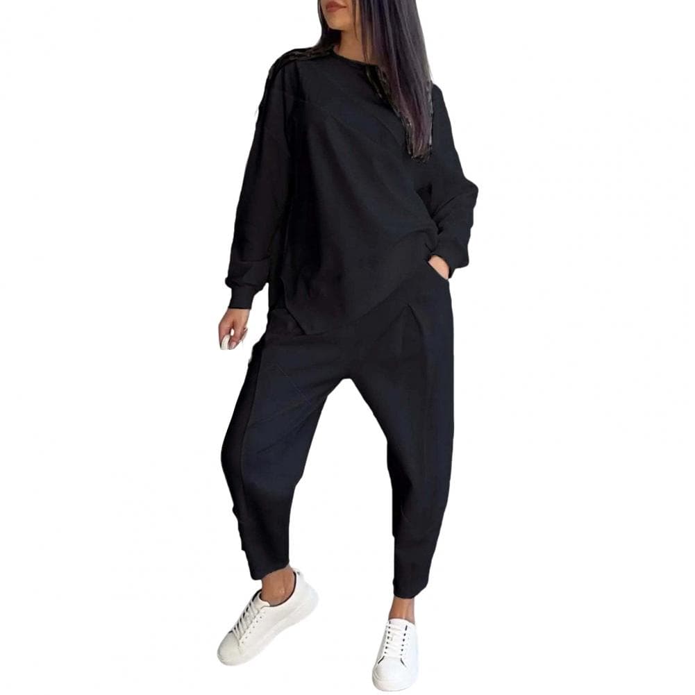 2 Pcs/Set Fall Spring Women Top Pants Set Long Sleeves O Neck Irregular T-shirt Elastic Waist Trousers with Side Pockets OL Comm L black