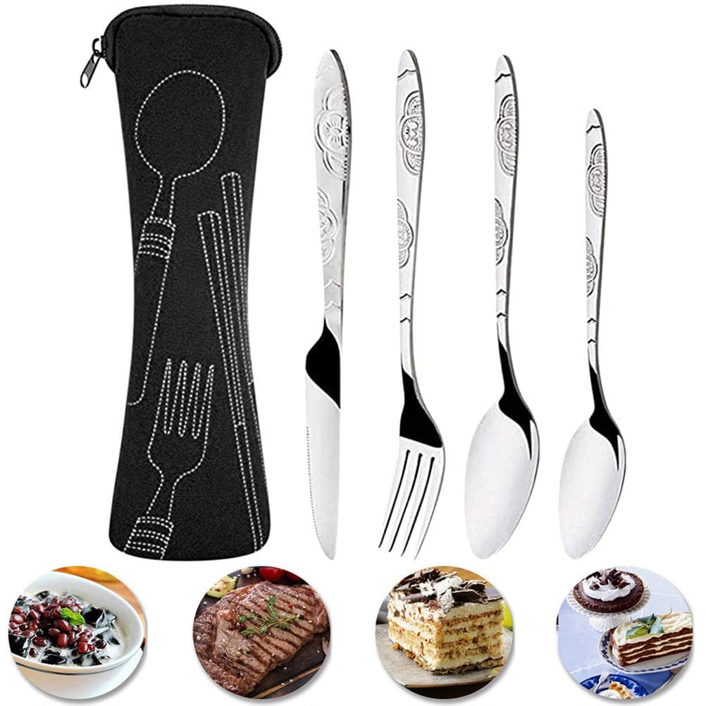 4PCS Cutlery Set Stainless Steel Cutlery for Cutter Fork Spoon Surface Carved Portable Lightweight L black