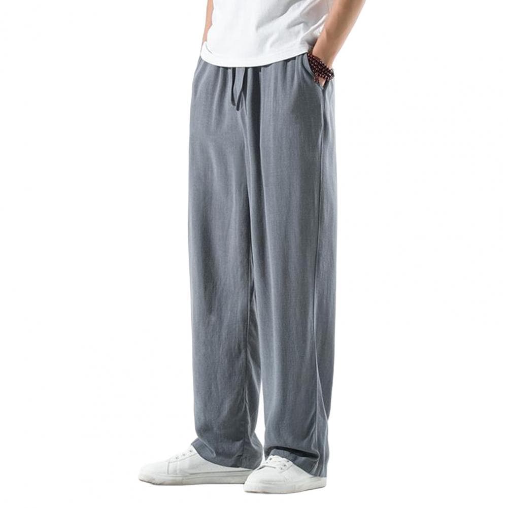 Men Pants Drawstring Elastic Waist Straight Leg Loose Solid Color Pockets Daily Wear Casual Sport Trousers Long Sweatpants M grey