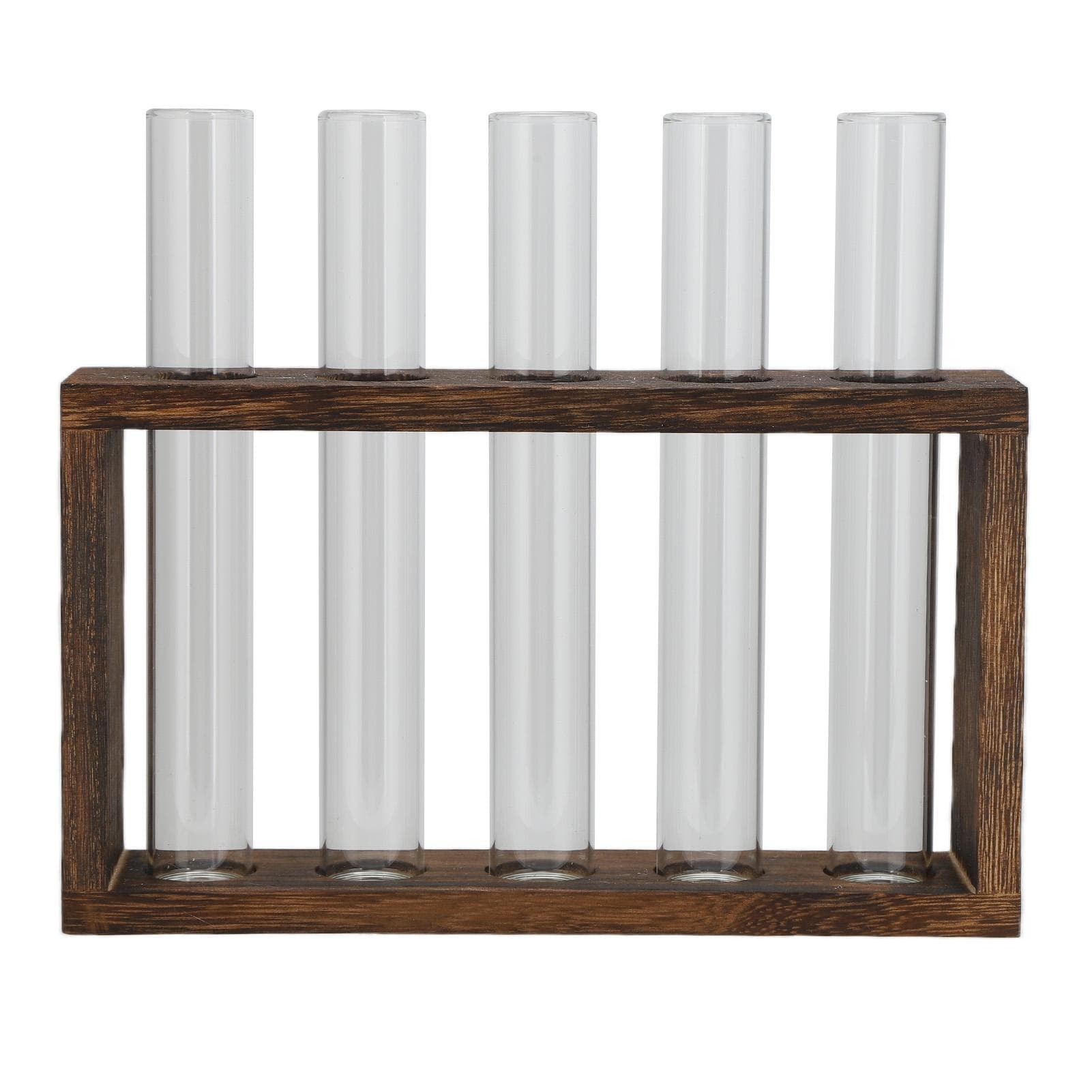Tabletop Glass Tube Vase High Borosilicate Glass Pine Wood Frame Retro Tube Plant Vase for