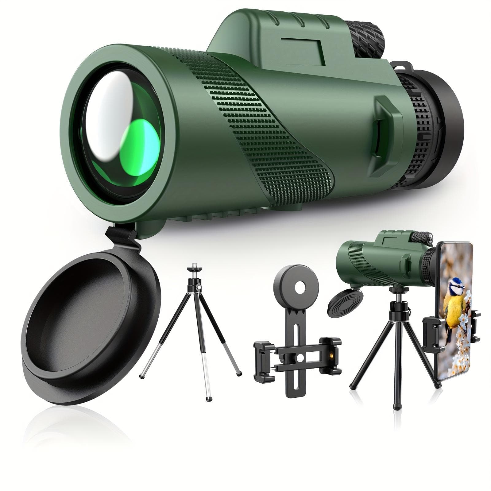 8x42 Monocular Telescope for Smartphone - High Powered HD Portable Scope with Phone Adapter & Metal Tripod - For Adults Monocular green