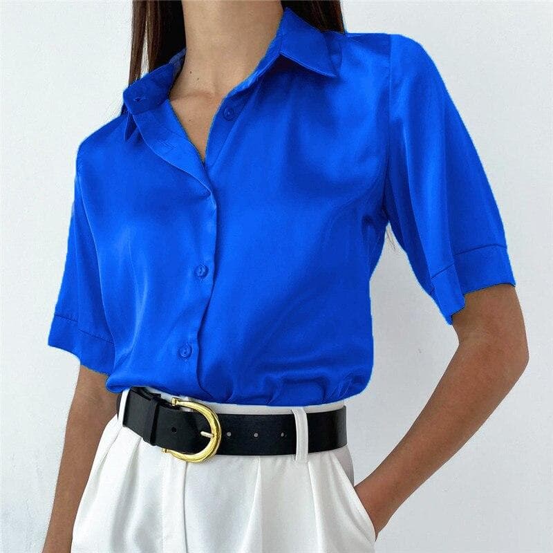 Summer Satin Blouse Women Casual Loose Short Sleeve Silk Shirt Women Casual Elegant Office Button Shirts Tops Female18917 S blue