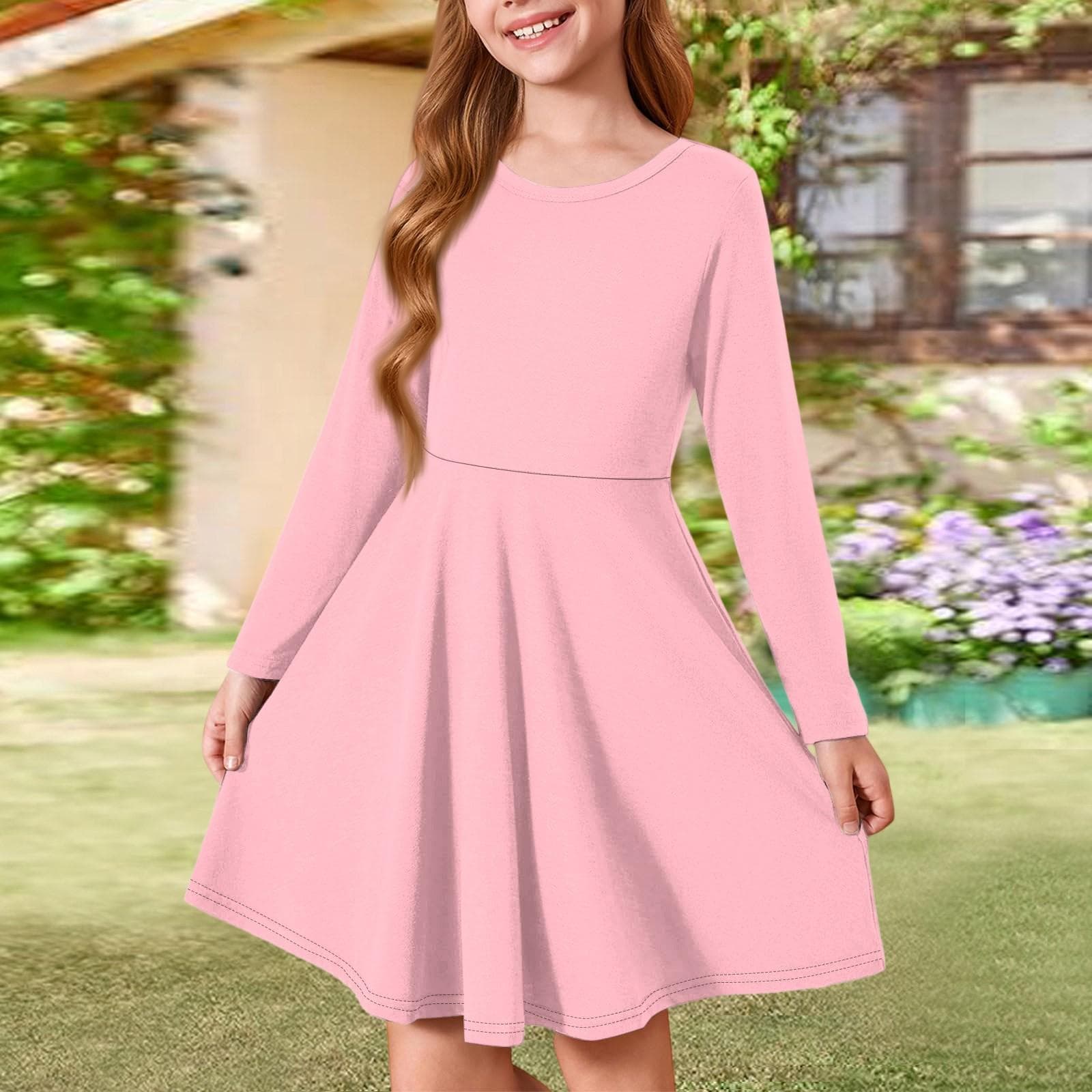 Girls' Summer Princess Dress - Long Sleeve A-Line T-Shirt Dress 130 pink