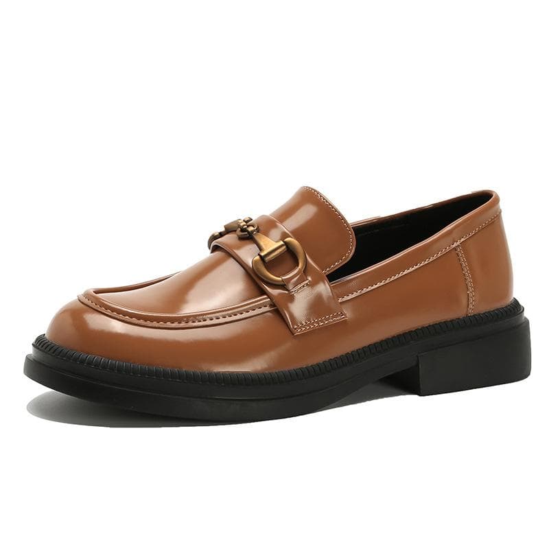 Patent Leather Loafers Slip-on Single Shoes Leather Women Thick Bottom Non-slip Round Toe England 40 brown