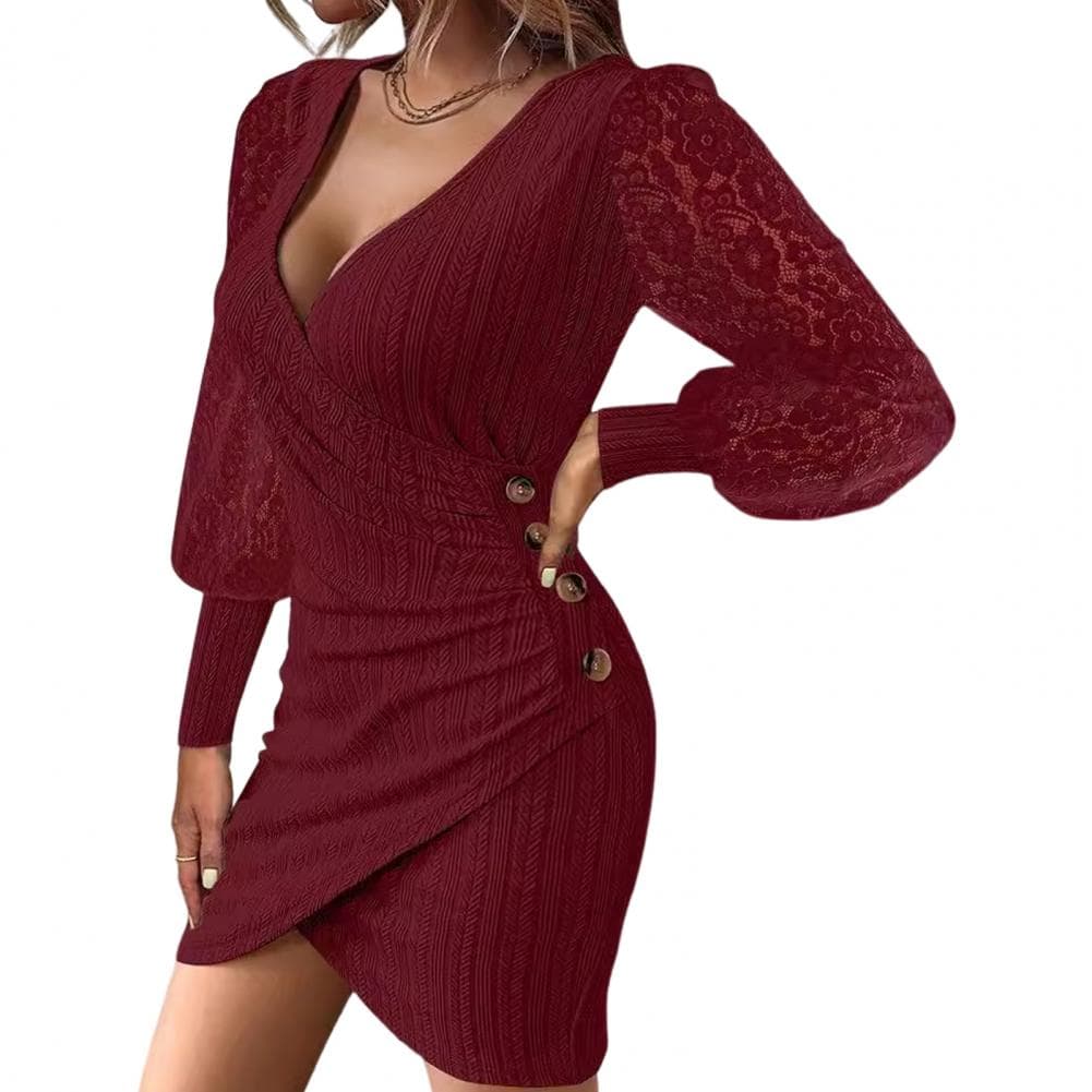 Women Dress Hollow Out Lace Sleeves Sheath Slim Fit Irregular Deep V Neck Hem Solid Color OL Style Formal Party Banquet Mini Dre S wine red