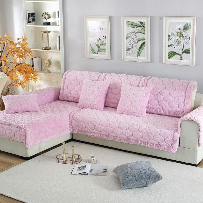 Winter Plush Sofa Cushion Thickened Plush Wide Border Slide Sofa Cover 90*210 pink