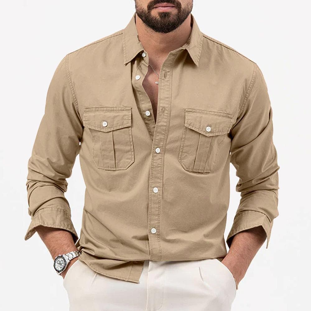 Mens Cargo Shirt Long Sleeve Tops Men Soft Casual Cotton Militar Tactical Shirts 3XL khaki