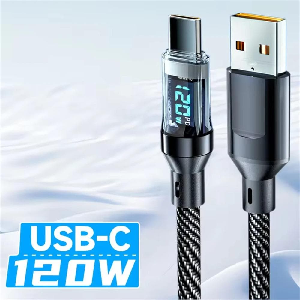 120W LED Digital Display Quick Charge USB Type C Cable For Samsung Xiaomi Huawei Fast Charging Data Cord 1m black