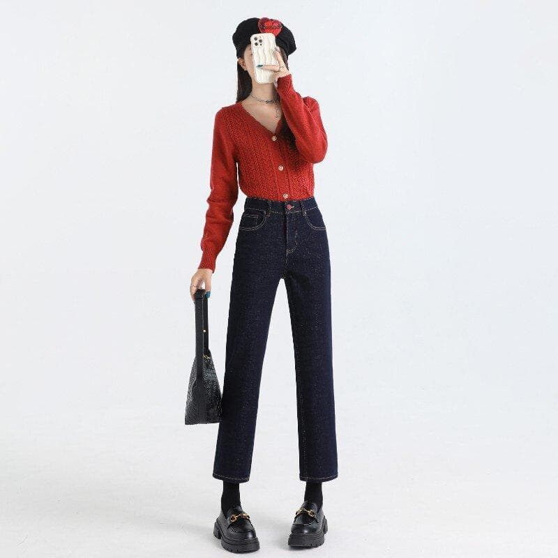 Velvet Jeans for Women Winter Straight Jeans for Women Autumn High-waisted Cigarette Pants for Women Autumn Style Slim and Small XXL
