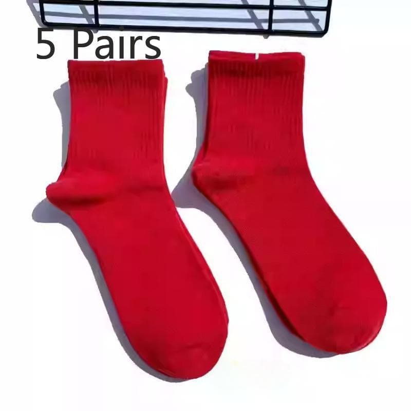 5 Pairs of Tide Solid Colour College Style Sports Mid-calf Cotton Socks Men and Women Couples Short Socks 5 pairs red
