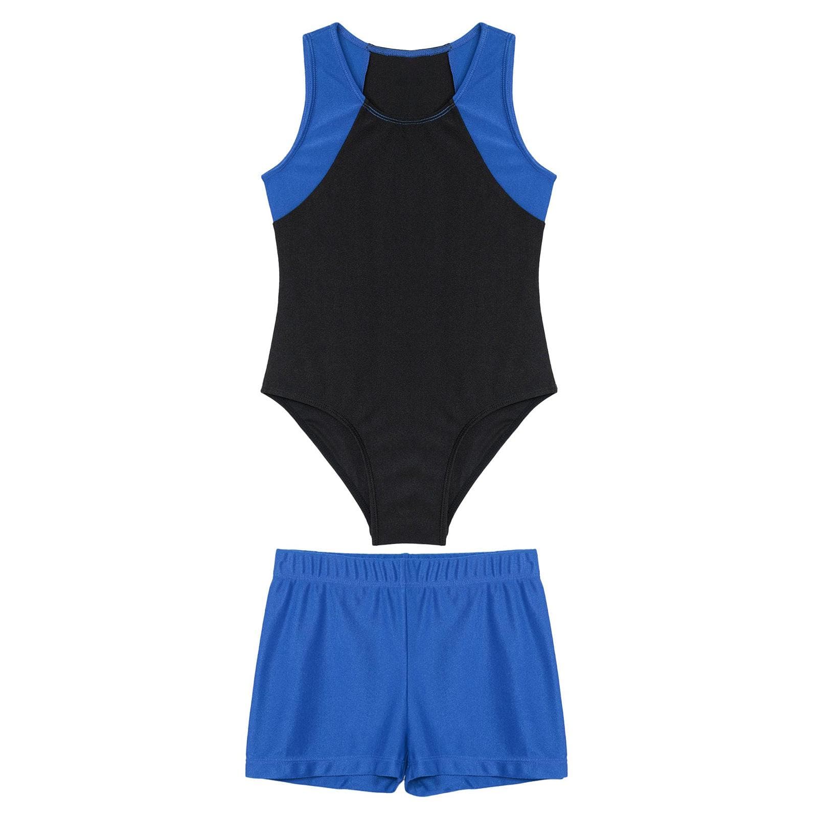 Kids Boys Round Neck Sleeveless Leotard Bodysuit Jumpsuit with Shorts Set for Gymnastic Yoga Workout Competition 7-8 Years blue