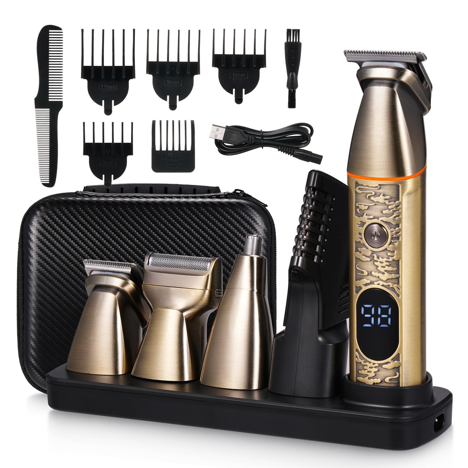 Hair Clipper Beard Trimmer Kit for Men 5 in 1 Beard Nose Trimmer Grooming Kit Nose Trimmer USB gold