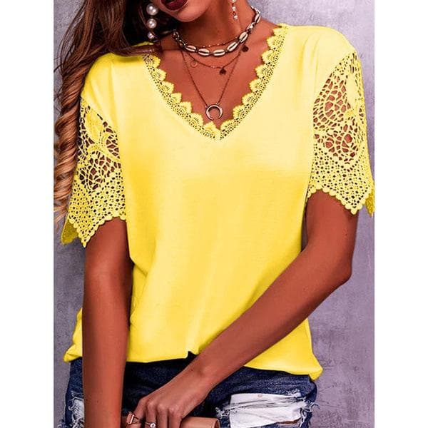 GMXIA Women's Fashion Casual Summer Spring Solid Color Print Lace Stitching Short Sleeve V-Neck T-shirts and Loose Tops 4XL yellow